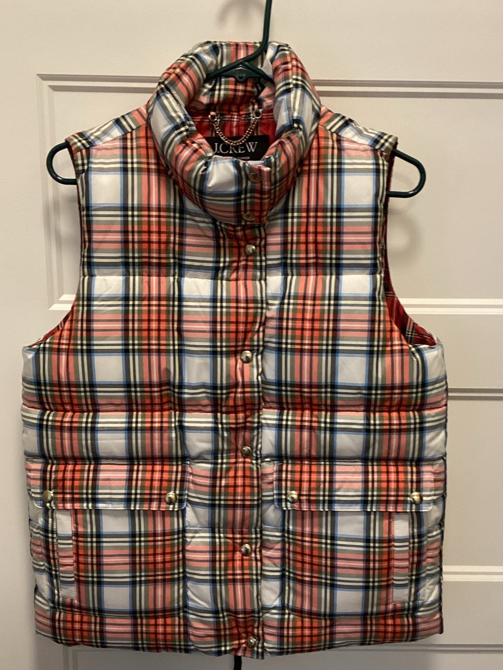 J. Crew Red, Navy & Cream Plaid Quilted Puffer Vest